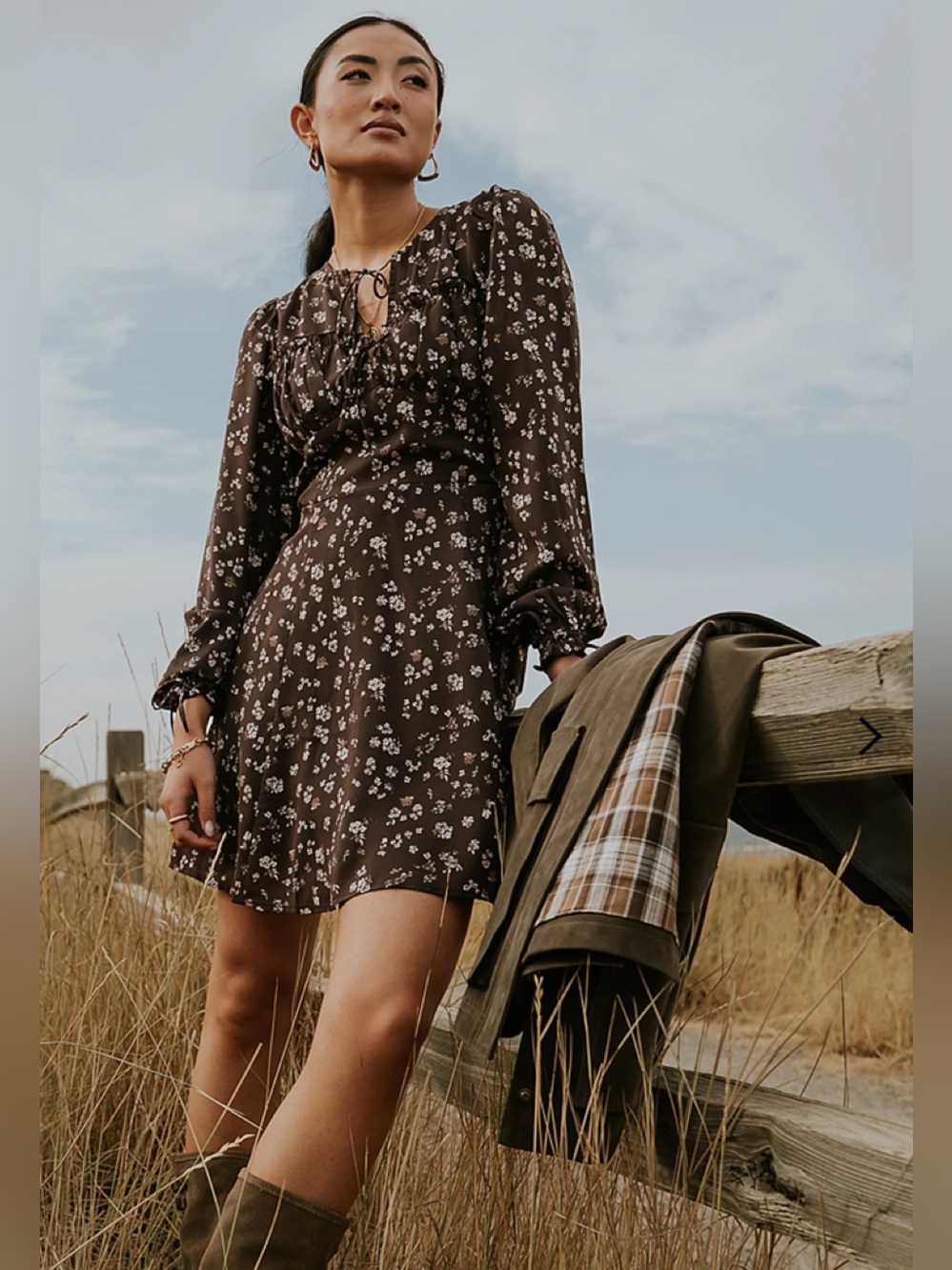 Bohme - Myles - Brown Floral Tie-Front Long Sleeve Mini Dress